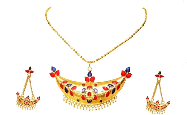 Assamese_Traditional_Gold_Plated_Red_Blue_Joonbiri_Chain_Jewellery_Set_For_Women